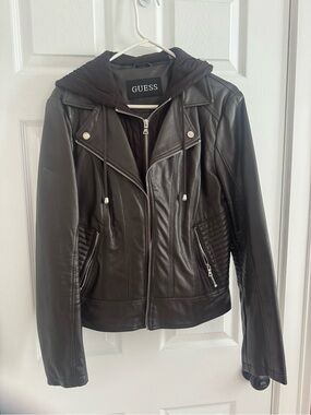GUESS Women's Dark Brown Leather Moto Jacket with Hood
